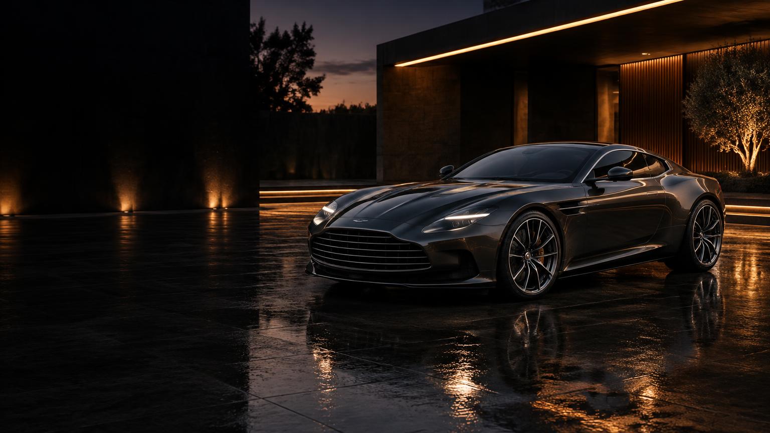 A graphite grand tourer in a warmly lit courtyard